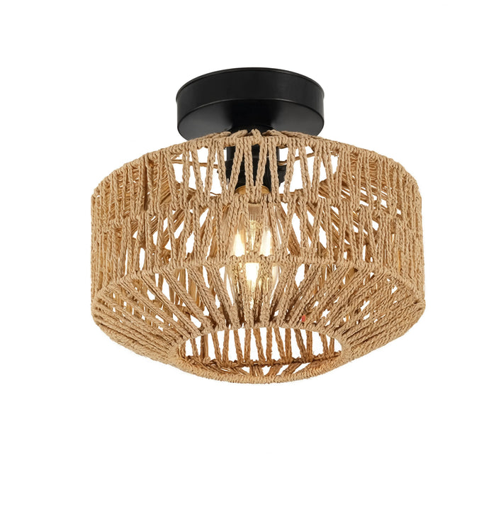 Plafonnier Lindos en corde tressée allumé, vue produit sur fond blanc