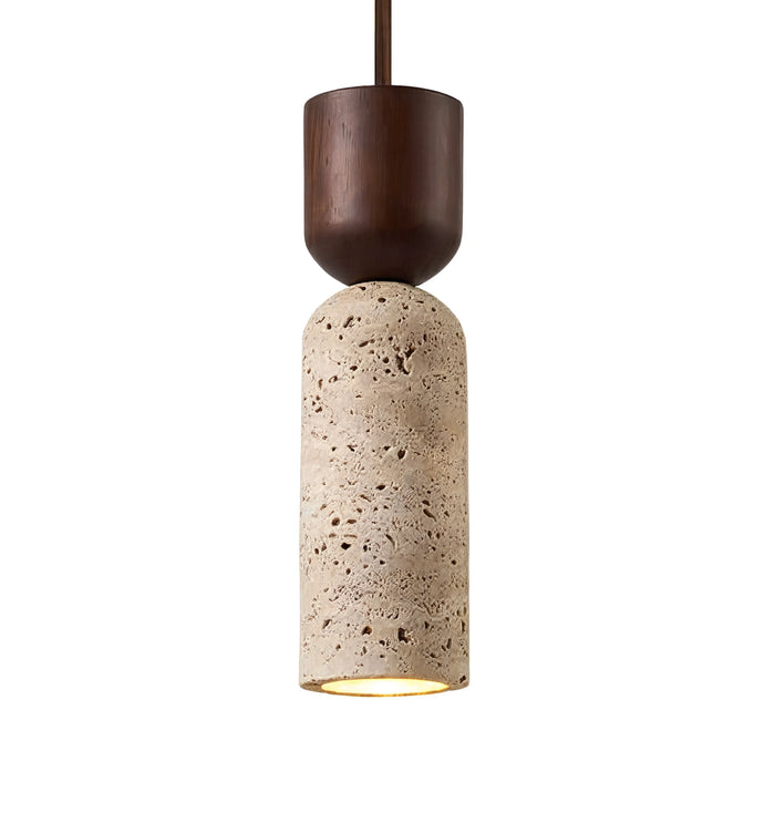 Suspension Ségeste en travertin et bois, vue produit sur fond blanc