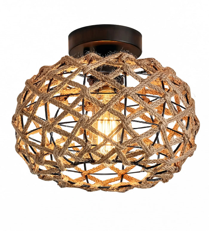 Plafonnier Symi en corde de chanvre tressée sur armature noire, vue produit sur fond blanc