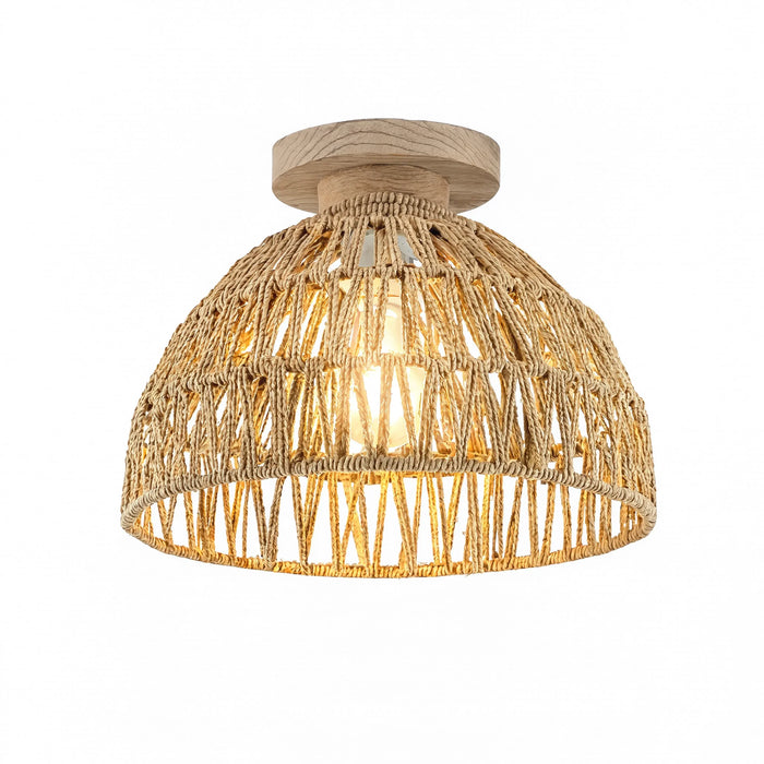 Plafonnier Skyros en corde de jute crochetée à platine bois, vue produit sur fond blanc
