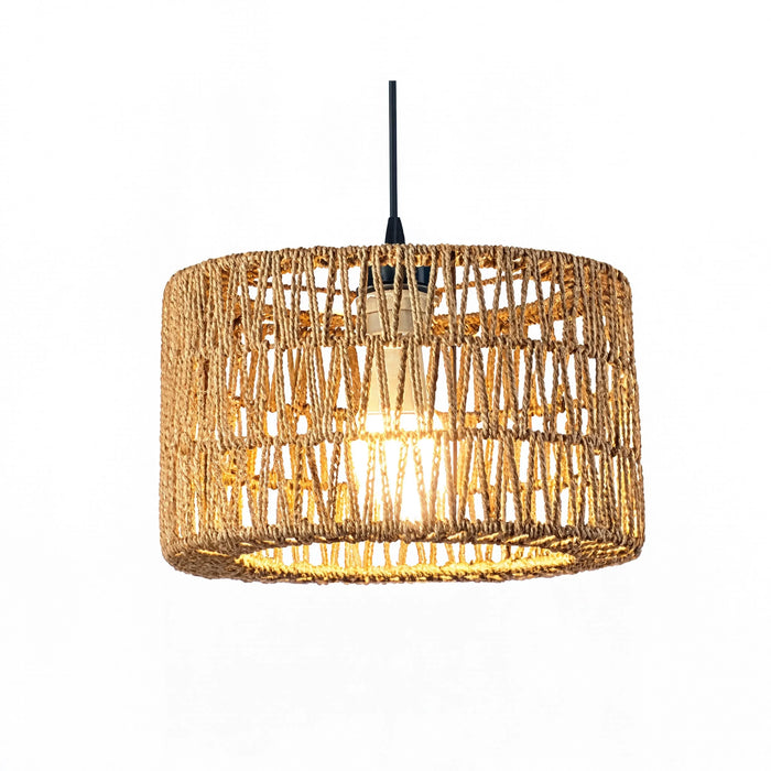Suspension Syros en corde de jute tressée, tambour allumé, vue produit sur fond blanc