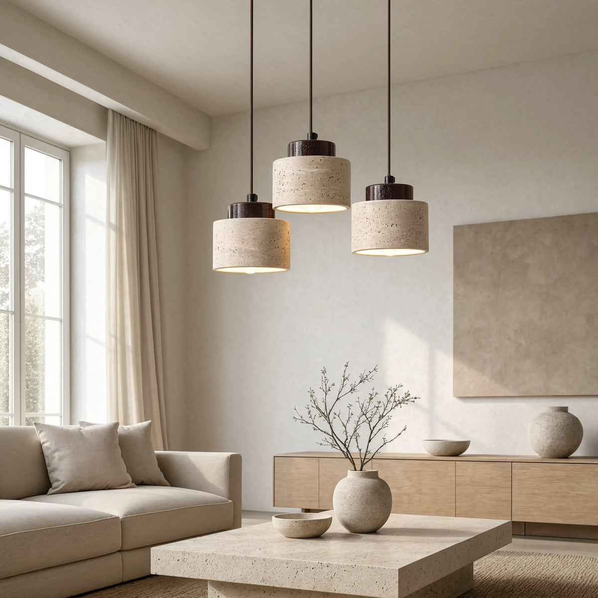 Trio de suspensions Velia en travertin dans un salon en lumière naturelle